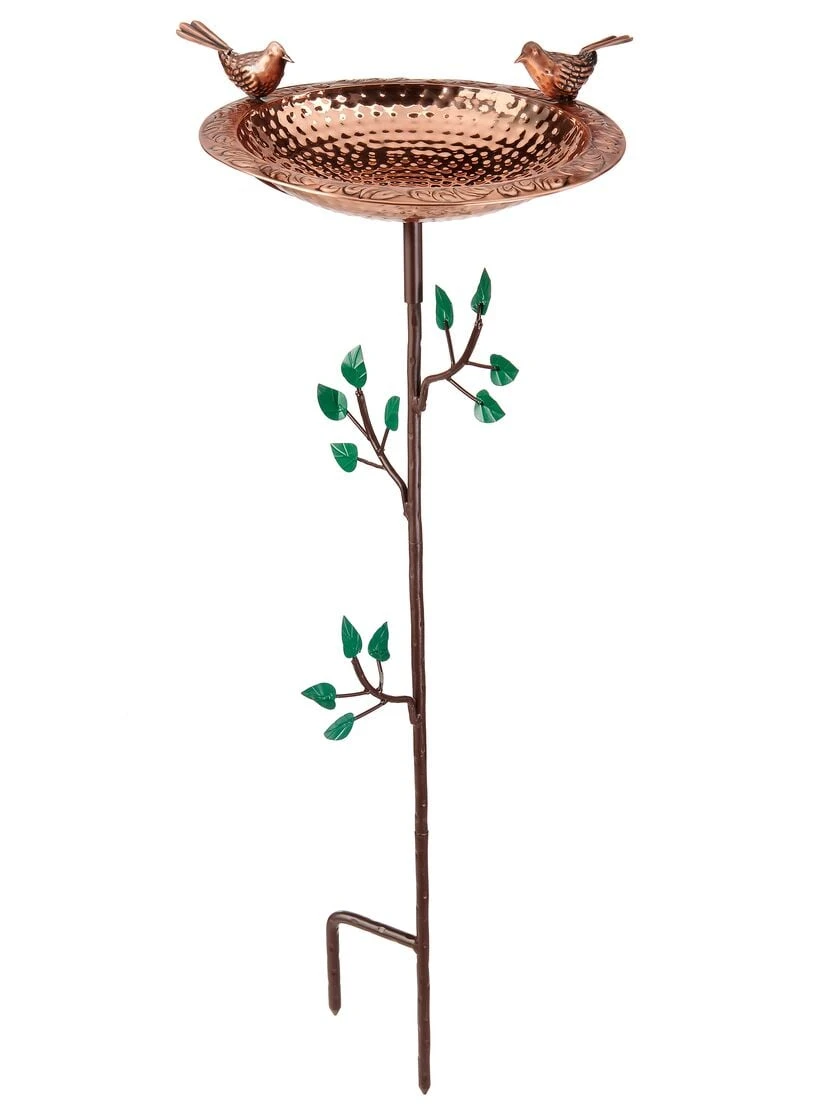 Pure Copper Bird Bath With Two Copper Birds And Tree Multipronged Garden Pole - Image 4