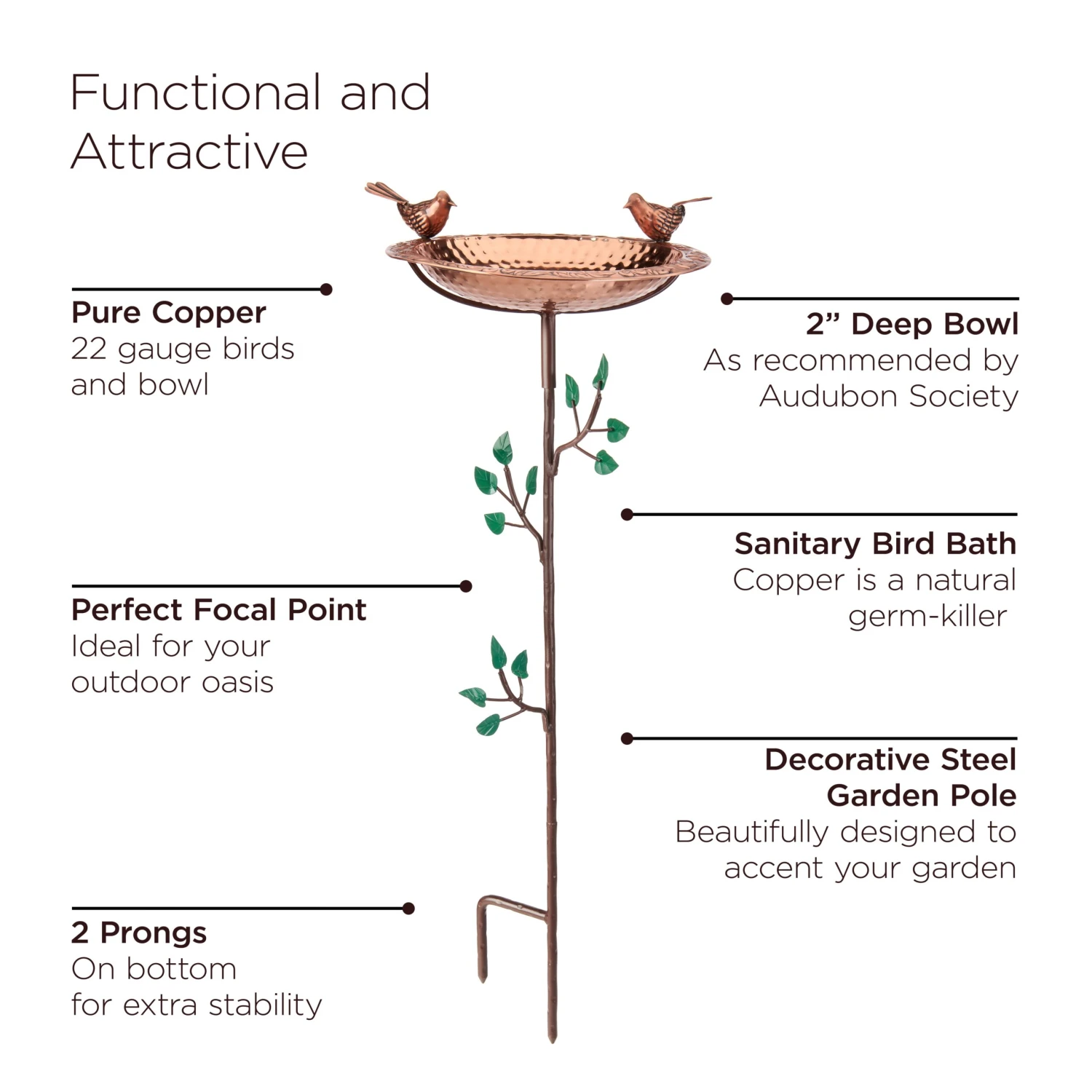 Pure Copper Bird Bath With Two Copper Birds And Tree Multipronged Garden Pole - Image 7